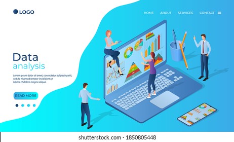 Businessmen are engaged in data analysis on a laptop. teamwork,use of modern technologies.E-learning webinar for students.Online video training.Isometric illustration