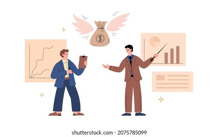 Businessmen or entrepreneurs receiving investments, flat cartoon vector illustration isolated on white background. Business people getting money in bag with wings.