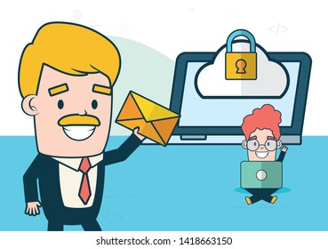 businessmen with envelope laptop secuirty cloud computing send email vector illustration