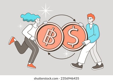 Businessmen exchanging bitcoin and dollar coin. People buy and sell cryptocurrency or bitcoin with US dollar. Money conversion. Blockchain technology. Crypto currency exchange. Vector illustration.