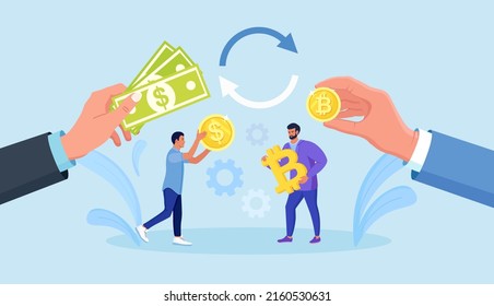 Businessmen exchanging bitcoins and dollars. Crypto currency exchange. People buy and sell cryptocurrency or bitcoin with US dollar. Money conversion. Blockchain technology