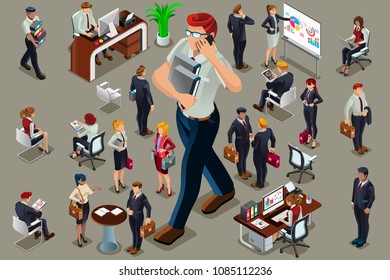 Businessmen executive people in dark suits, isometric people. Can use for web banner, infographics, hero images. Flat isometric people, vector illustration isolated on generic background.