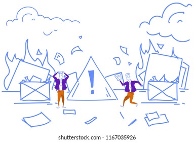 businessmen extinguishing fire workplace office privacy documents burn destruction of evidence concept attention danger warning sign horizontal sketch doodle vector illustration