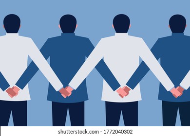 Businessmen facing back with their hands holding together. Concept of teamwork