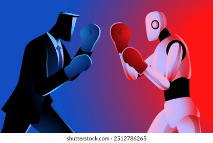 Empresarios enfrentándose a un robot en un combate de boxeo, Ideal para proyectos temáticos de tecnología, captura la creciente competencia entre humanos e inteligencia artificial