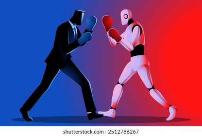 Businessmen facing off against a robot in a boxing match, Ideal for technology themed projects, captures the growing competition between humans and artificial intelligence