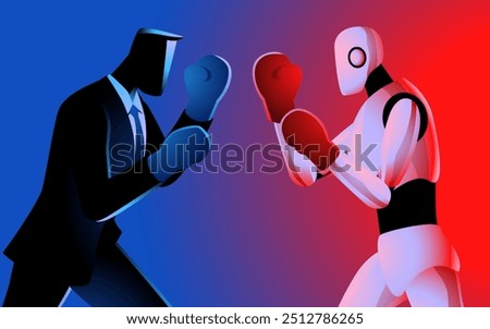 Businessmen facing off against a robot in a boxing match, Ideal for technology themed projects, captures the growing competition between humans and artificial intelligence