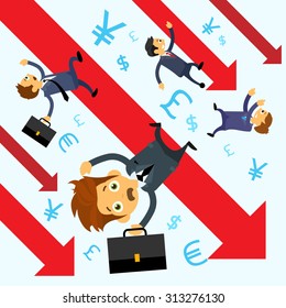 Businessmen Fall Down Financial Graph Red Chart Arrow Crisis Concept Flat Vector Illustration