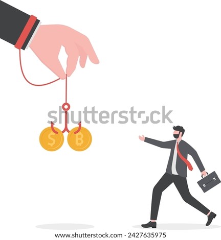 Businessmen fall victim to crypto coins. trap in hand. fraud, place for bait. fishing hook holding in hand man.

