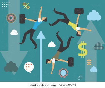 Businessmen falling, concept with infographics elements and grunge texture.