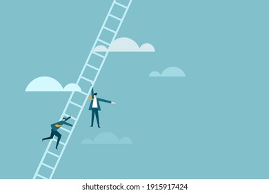 Businessmen falling down while climbing up a ladder that goes high up in the sky