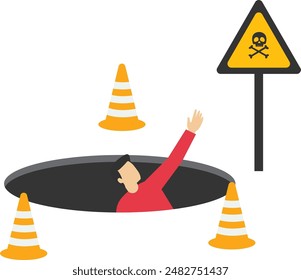 businessmen fell into a hole. Failure or mistake leads to disaster despair, business hazard or accident, trouble, trouble or risk from crisis or recession, loss or trap concept.