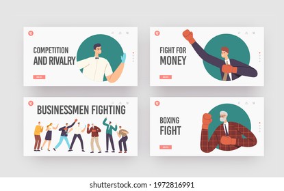 Businessmen Fighting Landing Page Template Set. Characters in Boxing Glove Fight with Referee and Colleagues Cheer. Men Combat, Business People Competition for Leadership. Cartoon Vector Illustration