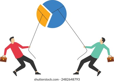 businessmen fighting for more market share pie chart, Industry sales market share percentage, business competitors fighting or fighting for more sales concept.