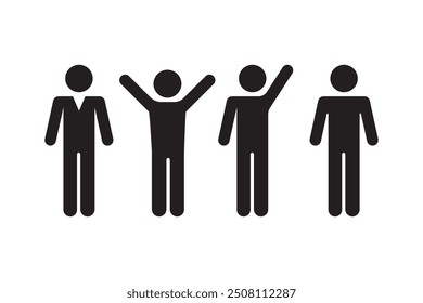 Businessmen figure icons. Human silhouettes standing. Different postures vector symbols. Simple black pictograms.