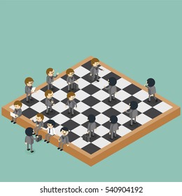 Businessmen are figures on chessboard playing real life game