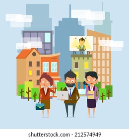 Businessmen figurines painted in a flat style on city background. vector illustration in a flat style.