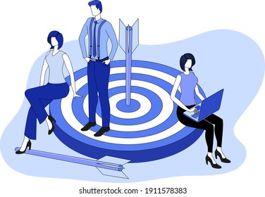 Businessmen and financial targets.Big goals, people strive for their ideas.Motivated people and successful teamwork.Brainstorming session discussion.3D image.Victoria isometric illustration.