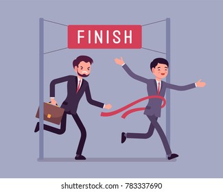 Businessmen at finish line. Young men at line marking the end of a racecourse, the first wins a game, market contest, competition, or election. Vector business concept flat style cartoon illustration