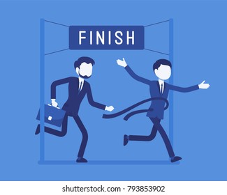 Businessmen at finish line. Young men at line marking the end of a race course, first wins a game, market contest, competition, or election. Vector business concept illustration, faceless characters