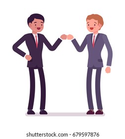 Businessmen fist bump. Partners in formal wear, knuckles gesture, approval, greeting or celebration. Office etiquette concept. Vector flat style cartoon illustration, isolated, white background