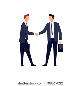 Businessmen in a flat style isolated on white background. Businessmen came to an agreement and completed the deal with a handshake. Template for banner or infographics. Vector illustration.