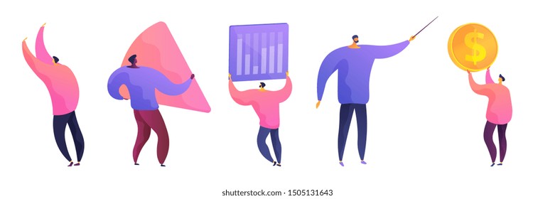 Businessmen flat vector illustrations set. Male office workers, colleagues cartoon characters. Men holding infographic elements. Business school teacher, coach with pointer. Investor with big coin