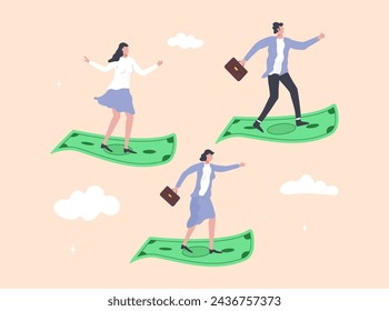 Businessmen flies on a banknote. Investment offer. Financial success grows. Bank profit, rich opportunity, money management.