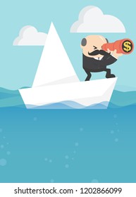 Businessmen  are floating on a paper boat on the sea