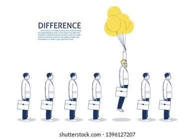 Businessmen flying with balloons. Difference concept. hand drawn style vector doodle design illustrations. - Vector