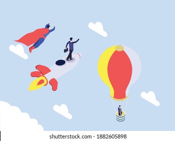 Empresarios que vuelan un concepto vectorial isométrico 3d para banner, sitio web, ilustración, página de aterrizaje, volante, etc.
