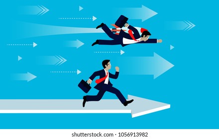 Businessmen flying with rocket engines forward to goal to achieve success. business Concept.  Cartoon,  Modern ideas, creativity. advantage. Vector Illustration