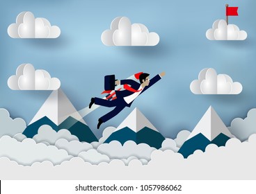 Businessmen flying with rocket engines forward to goal to achieve success. business Concept. Modern ideas creativity. advantage. illustration of nature landscape sky with cloud and mountain. paper art