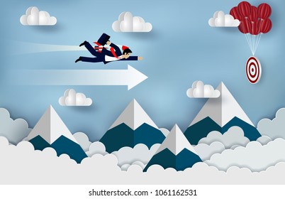 Businessmen flying with rocket engines forward to goal to achieve success on arrow. business Concept. Modern ideas creativity. illustration of nature sky with cloud and mountain. paper art