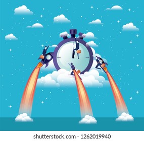 businessmen flying in rockets start up with chronometer