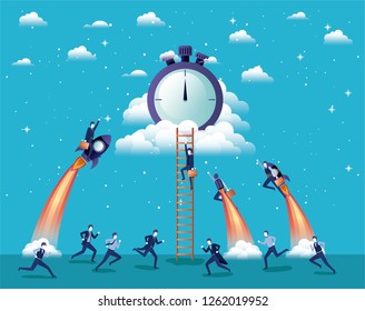 businessmen flying in rockets start up with chronometer