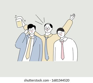 businessmen forced to drink by boss illustration set. alcohol, contrast, drunk, beer. Vector drawing. Hand drawn style.