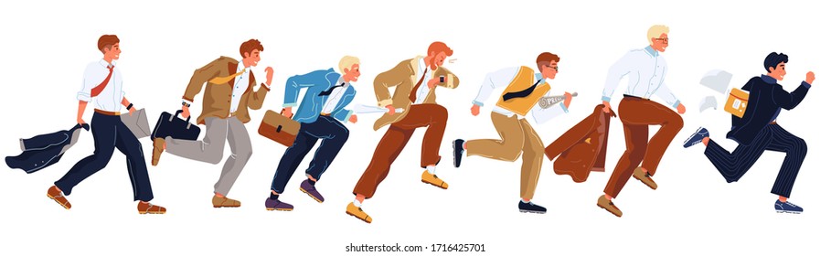 Businessmen in formal suits hurry up, running in row. Office workers, employees, managers trying to overtake each others, be first. Careerism, social climbing, place hunting vector flat illustration.