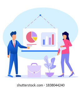 Businessmen in formal suits stand near the flip chart and point to the charts and diagrams. Creative business concept. Reliable businessman. Modern vector illustration. Flat design.