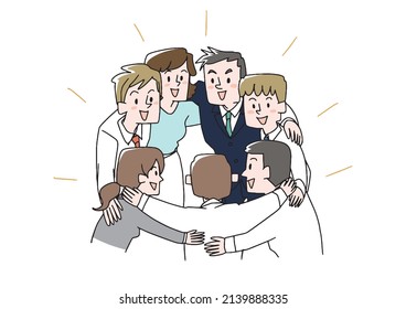 Businessmen forming a circle Comical handwritten person Vector, line drawing and color