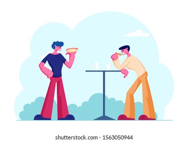 Businessmen Friends or Colleagues Having Coffee Break. Smiling Relaxing Men Stand at Table on Street Drinking Beverages Eating Hotdog after Work. Friendly Conversation. Flat Vector Illustration