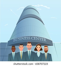 Businessmen in front of a huge building. Set of Businessman character design. Business concept vector illustration