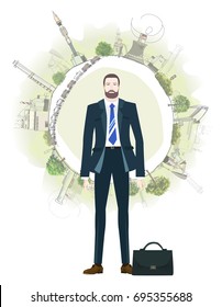 Businessmen in front of Industrial Earth concept illustration. Gas and Oil, black gold concept 