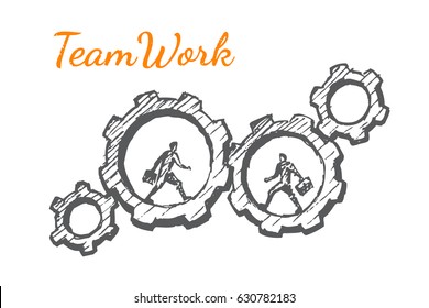 Businessmen in gears. Vector business concept illustration. Hand drawn sketch. Lettering teamwork.