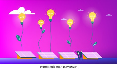 Businessmen generating solar energy. Alternative energy sources, eco friendly future, safe the planet concept. Business concept illustration 