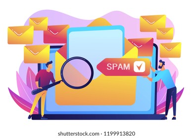 Businessmen get advertising, phishing, spreading malware irrelevant unsolicited spam message. Spam, unsolicited messages, malware spreading concept. Bright vibrant violet vector isolated illustration.