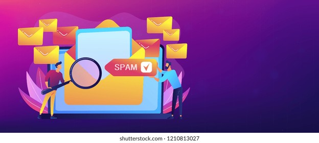 Businessmen get advertising, phishing, spreading malware irrelevant unsolicited spam message. Spam, unsolicited messages, malware spreading concept. Header or footer banner template with copy space.