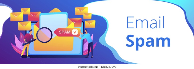 Businessmen get advertising, phishing, spreading malware irrelevant unsolicited spam message. Spam, unsolicited messages, malware spreading concept. Header or footer banner template with copy space.