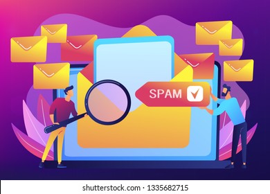 Businessmen get advertising, phishing, spreading malware irrelevant unsolicited spam message. Spam, unsolicited messages, malware spreading concept. Bright vibrant violet vector isolated illustration