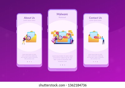 Businessmen get advertising, phishing, spreading malware irrelevant unsolicited spam message. Spam, unsolicited messages, malware spreading concept. Mobile UI UX GUI template, app interface wireframe